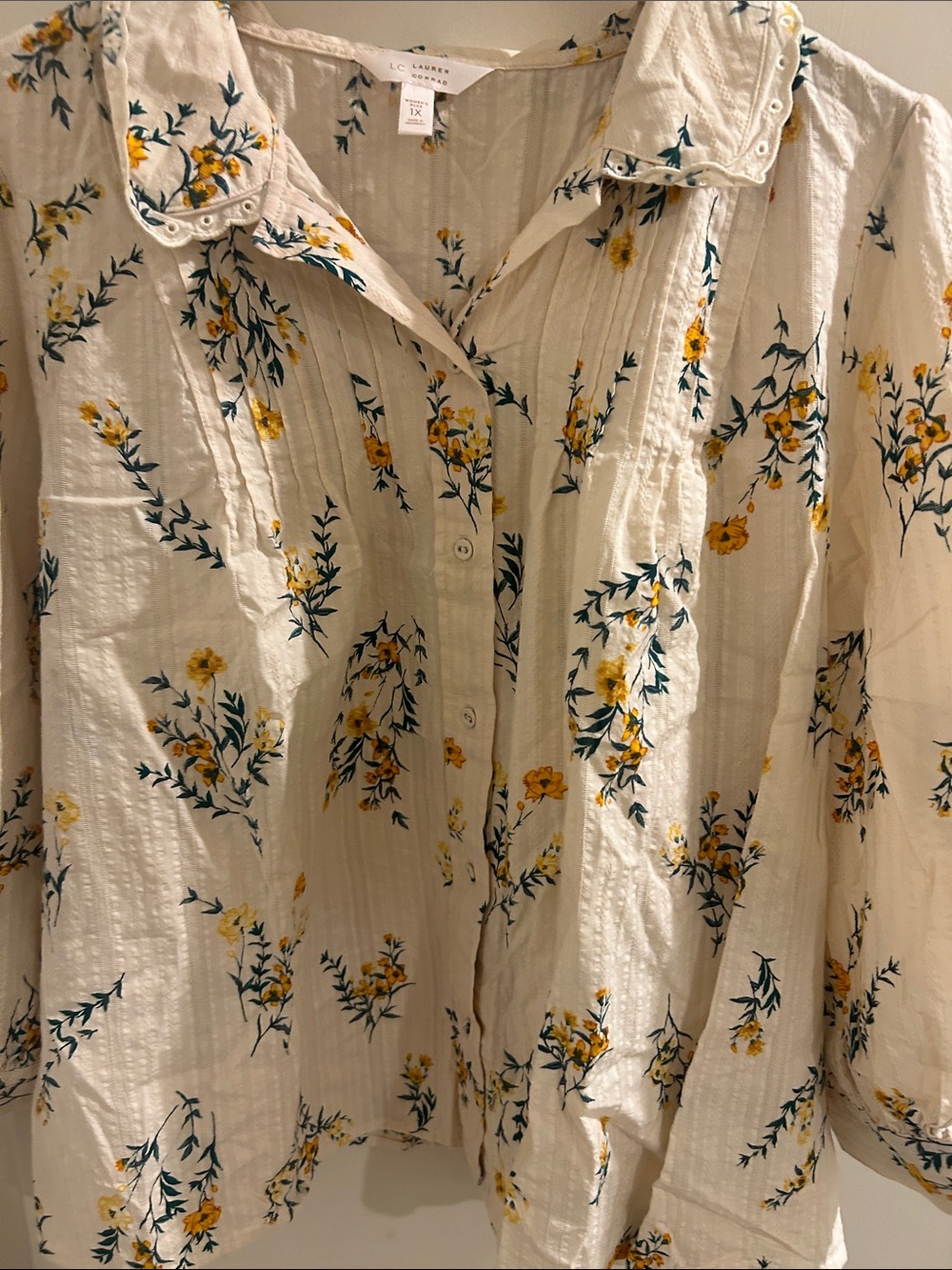 LC Lauren Conrad Cream Button-Up Shirt with Yellow Floral Print